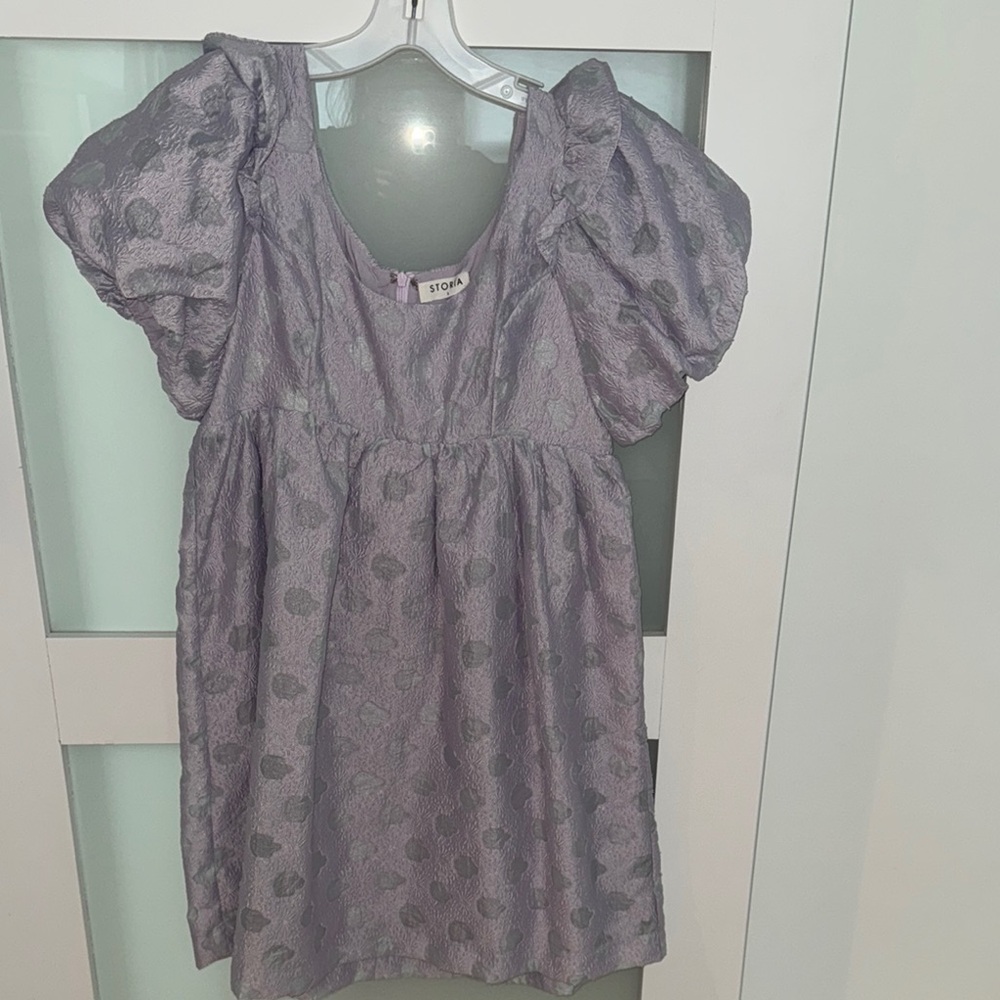 Purple Heart Patterned Dress with Puff Sleeves